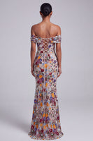 Load image into Gallery viewer, Sparkly Light Grey Floral Off the Shoulder Mermaid Long Prom Dress