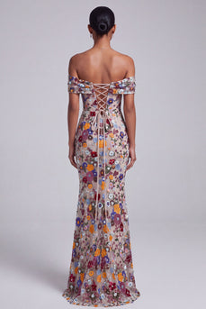 Sparkly Light Grey Floral Off the Shoulder Mermaid Long Prom Dress