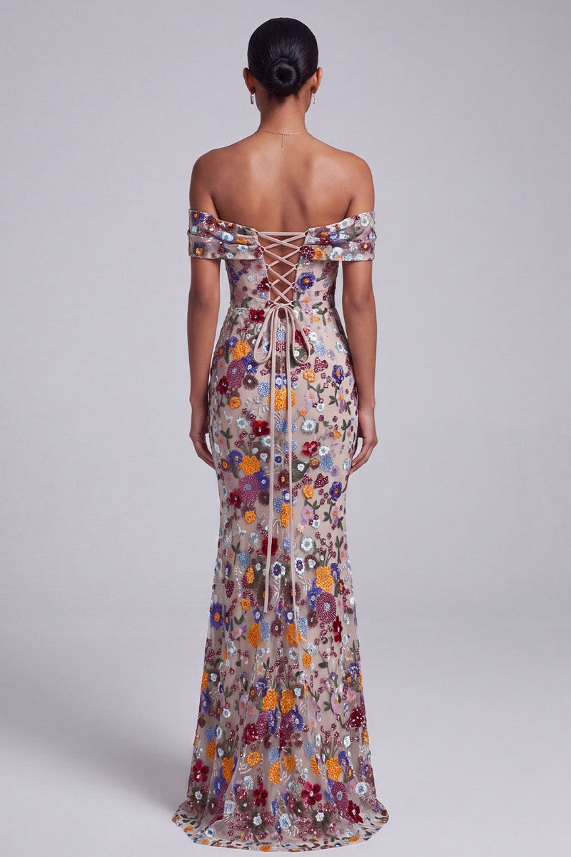 Load image into Gallery viewer, Sparkly Light Grey Floral Off the Shoulder Mermaid Long Prom Dress