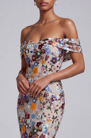 Load image into Gallery viewer, Sparkly Light Grey Floral Off the Shoulder Mermaid Long Prom Dress
