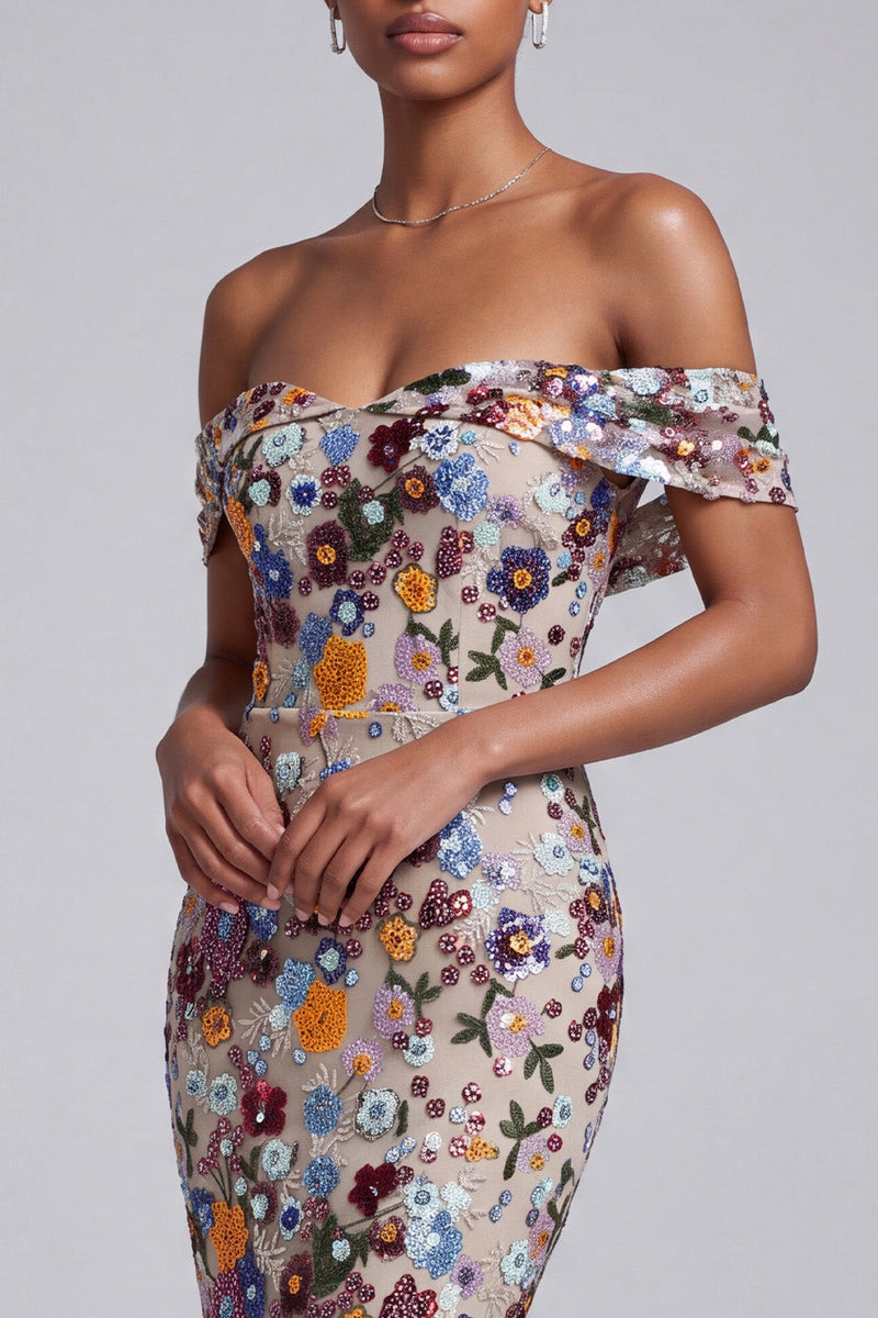 Load image into Gallery viewer, Sparkly Light Grey Floral Off the Shoulder Mermaid Long Prom Dress
