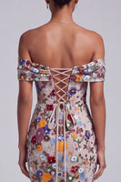 Load image into Gallery viewer, Sparkly Light Grey Floral Off the Shoulder Mermaid Long Prom Dress