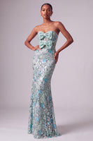 Load image into Gallery viewer, Sparkly Dusty Blue Sequin Strapless Mermaid Long Prom Dress with Bows