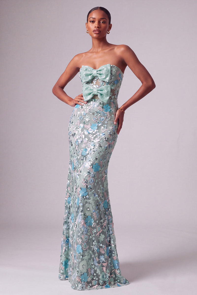 Load image into Gallery viewer, Sparkly Dusty Blue Sequin Strapless Mermaid Long Prom Dress with Bows