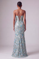 Load image into Gallery viewer, Sparkly Dusty Blue Sequin Strapless Mermaid Long Prom Dress with Bows