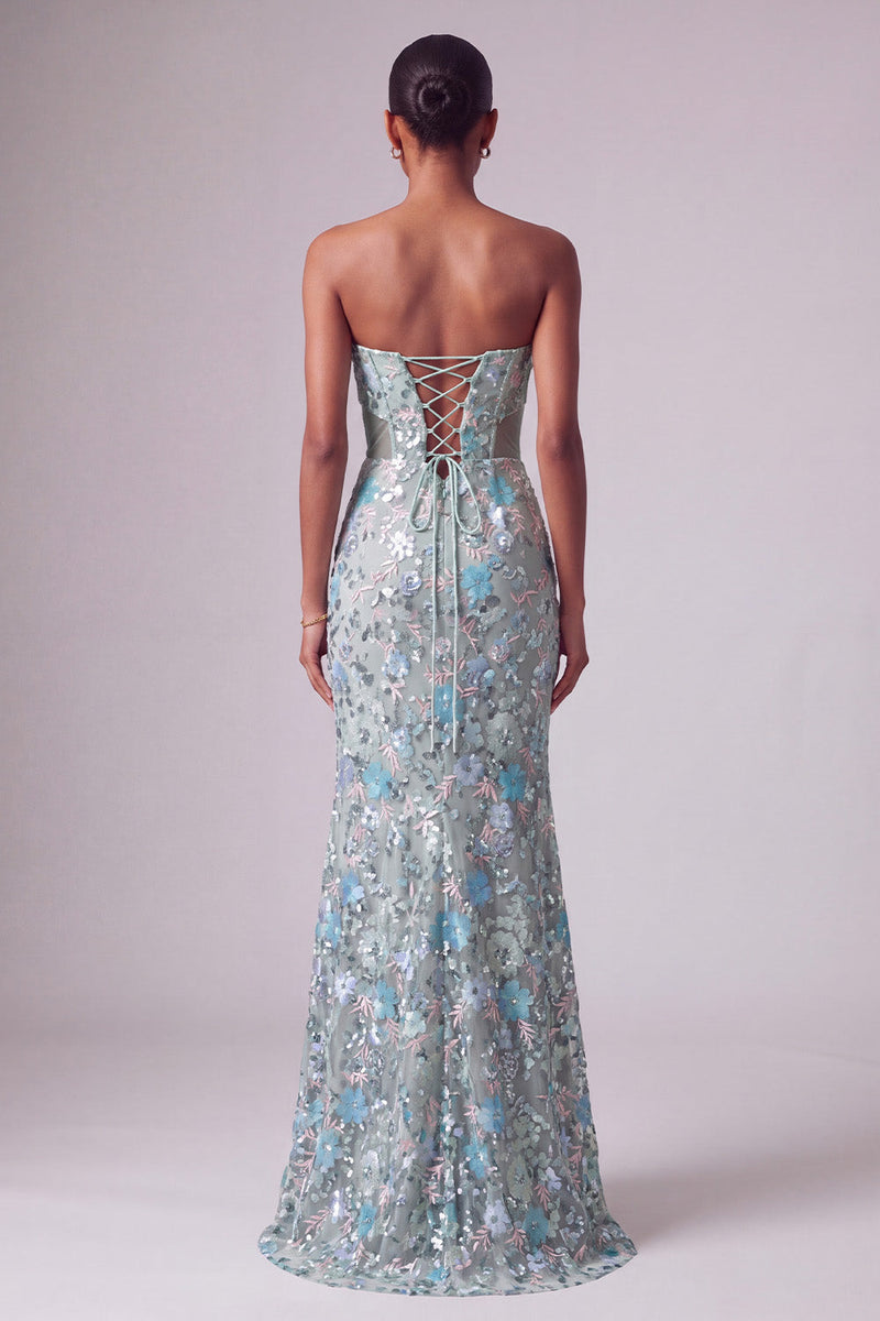 Load image into Gallery viewer, Sparkly Dusty Blue Sequin Strapless Mermaid Long Prom Dress with Bows