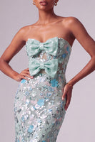 Load image into Gallery viewer, Sparkly Dusty Blue Sequin Strapless Mermaid Long Prom Dress with Bows