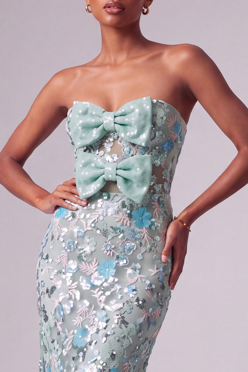 Load image into Gallery viewer, Sparkly Dusty Blue Sequin Strapless Mermaid Long Prom Dress with Bows