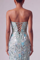 Load image into Gallery viewer, Sparkly Dusty Blue Sequin Strapless Mermaid Long Prom Dress with Bows