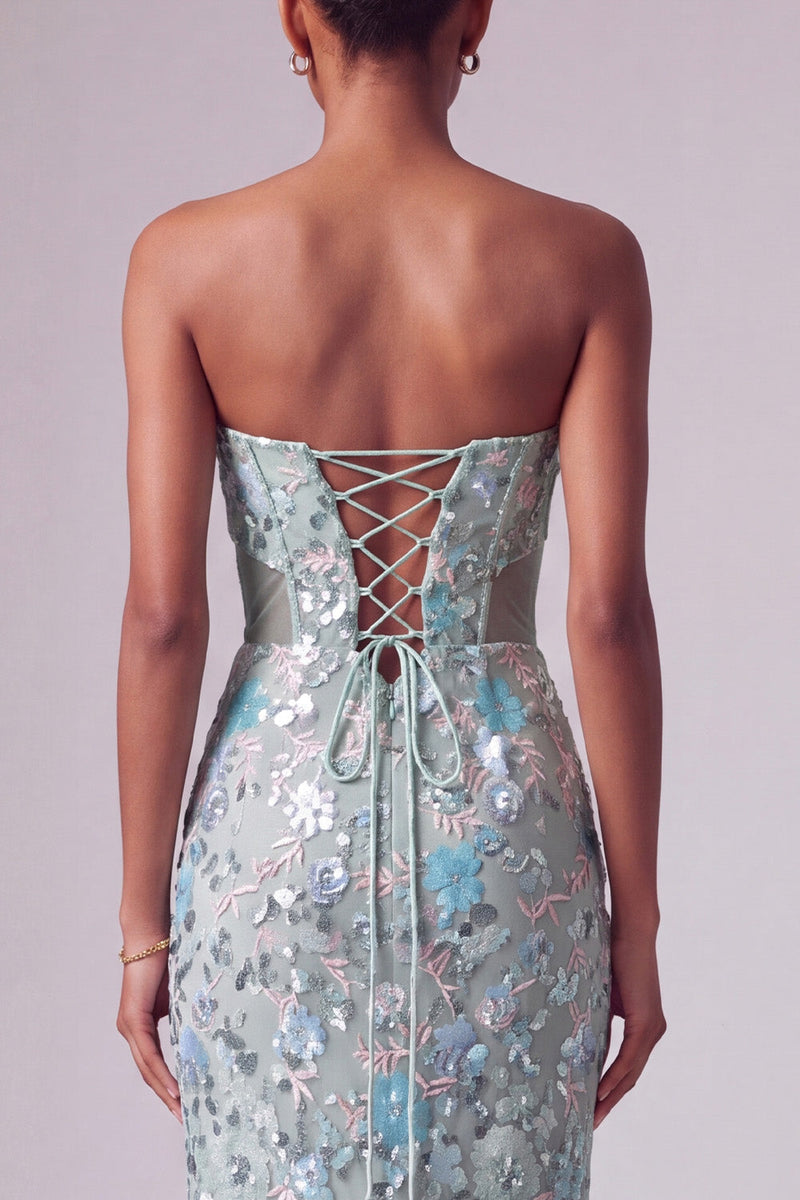Load image into Gallery viewer, Sparkly Dusty Blue Sequin Strapless Mermaid Long Prom Dress with Bows