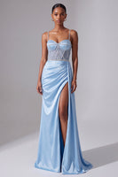 Load image into Gallery viewer, Sparkly Light Blue Corset Mermaid Ruched Spaghetti Straps Long Prom Dress with Slit