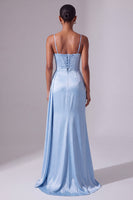 Load image into Gallery viewer, Sparkly Light Blue Corset Mermaid Ruched Spaghetti Straps Long Prom Dress with Slit