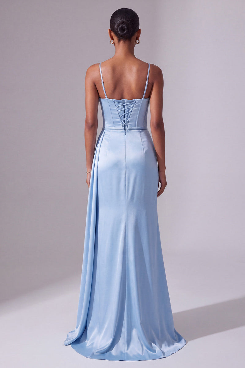 Load image into Gallery viewer, Sparkly Light Blue Corset Mermaid Ruched Spaghetti Straps Long Prom Dress with Slit