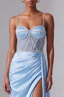 Load image into Gallery viewer, Sparkly Light Blue Corset Mermaid Ruched Spaghetti Straps Long Prom Dress with Slit