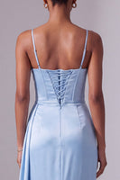 Load image into Gallery viewer, Sparkly Light Blue Corset Mermaid Ruched Spaghetti Straps Long Prom Dress with Slit