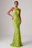 Load image into Gallery viewer, Sparkly Green Halter Mermaid Beaded Long Prom Dress with 3D Flower