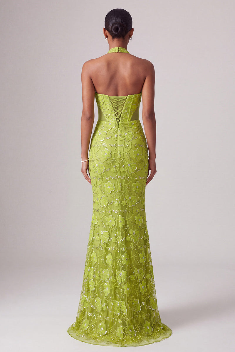 Load image into Gallery viewer, Sparkly Green Halter Mermaid Beaded Long Prom Dress with 3D Flower