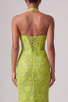 Load image into Gallery viewer, Sparkly Green Halter Mermaid Beaded Long Prom Dress with 3D Flower