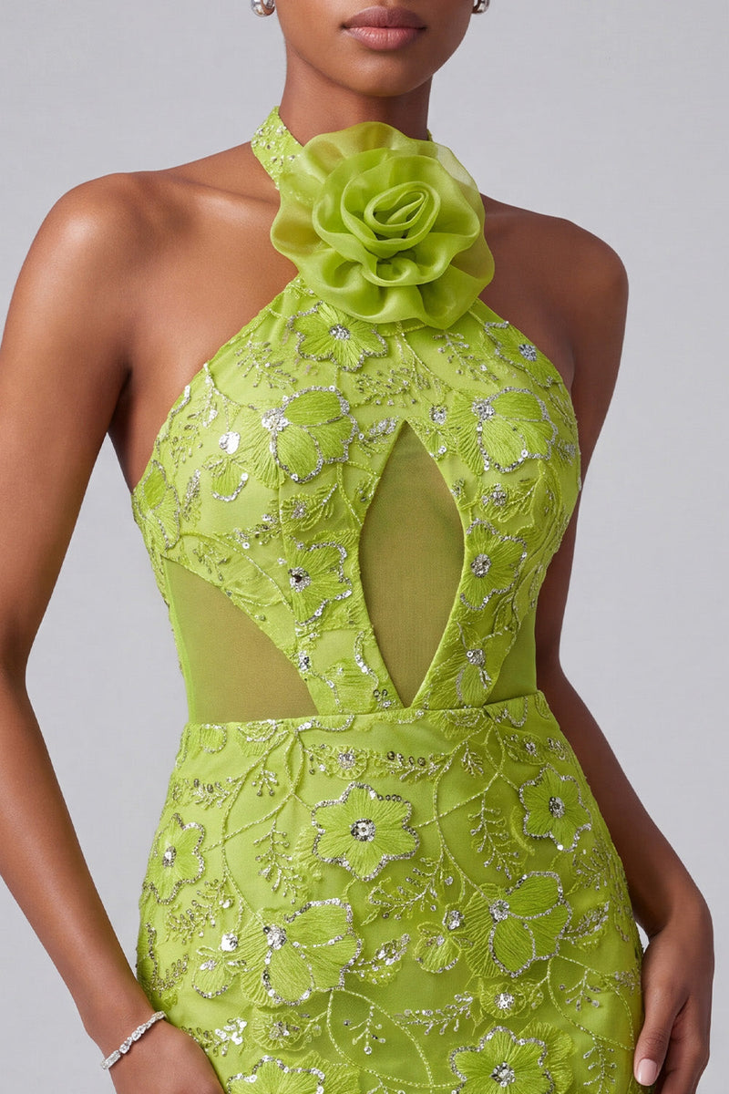 Load image into Gallery viewer, Sparkly Green Halter Mermaid Beaded Long Prom Dress with 3D Flower