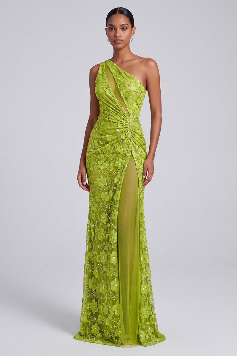 Load image into Gallery viewer, Sparkly Green Floral Sequin Cut Out One Shoulder Long Prom Dress with Slit