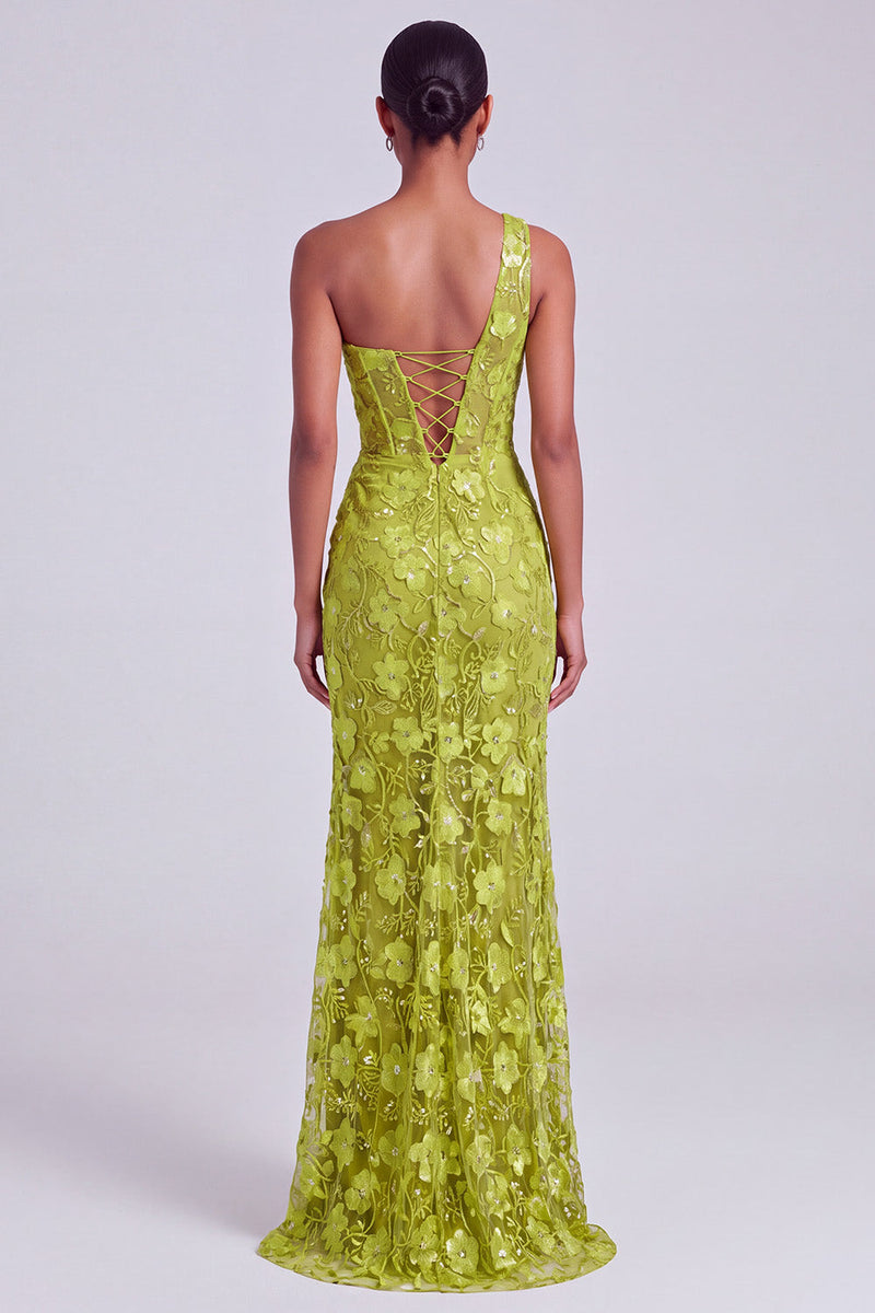 Load image into Gallery viewer, Sparkly Green Floral Sequin Cut Out One Shoulder Long Prom Dress with Slit