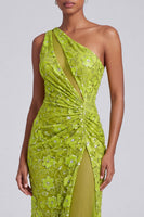 Load image into Gallery viewer, Sparkly Green Floral Sequin Cut Out One Shoulder Long Prom Dress with Slit