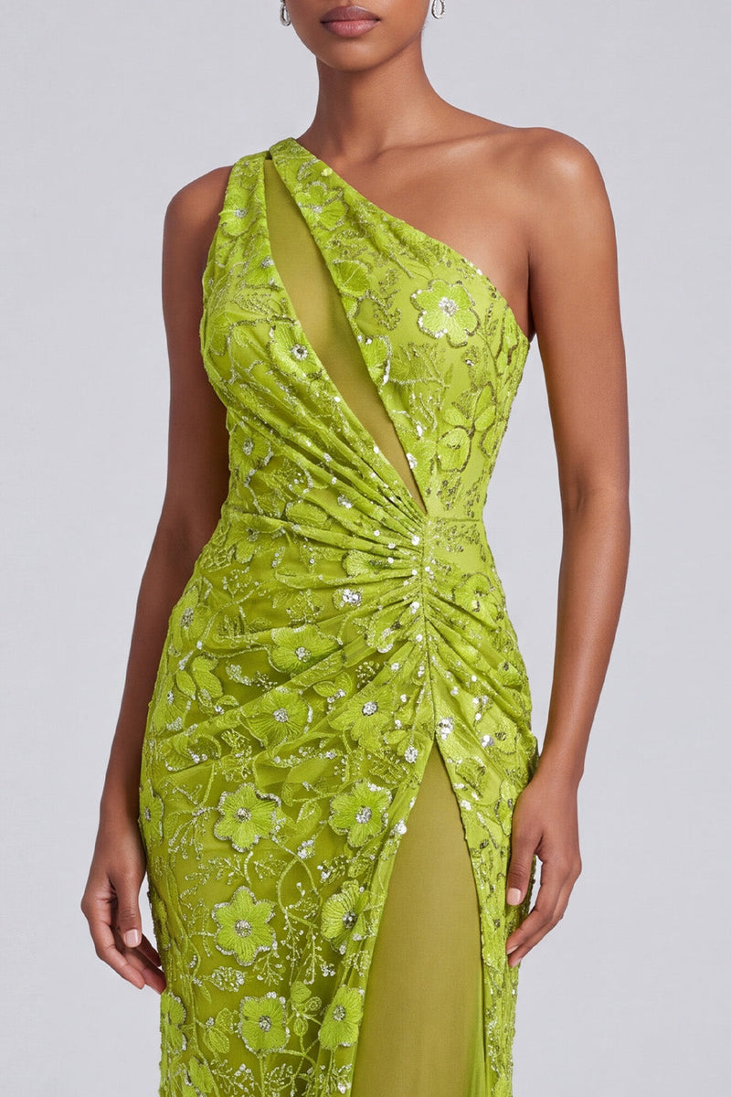Load image into Gallery viewer, Sparkly Green Floral Sequin Cut Out One Shoulder Long Prom Dress with Slit