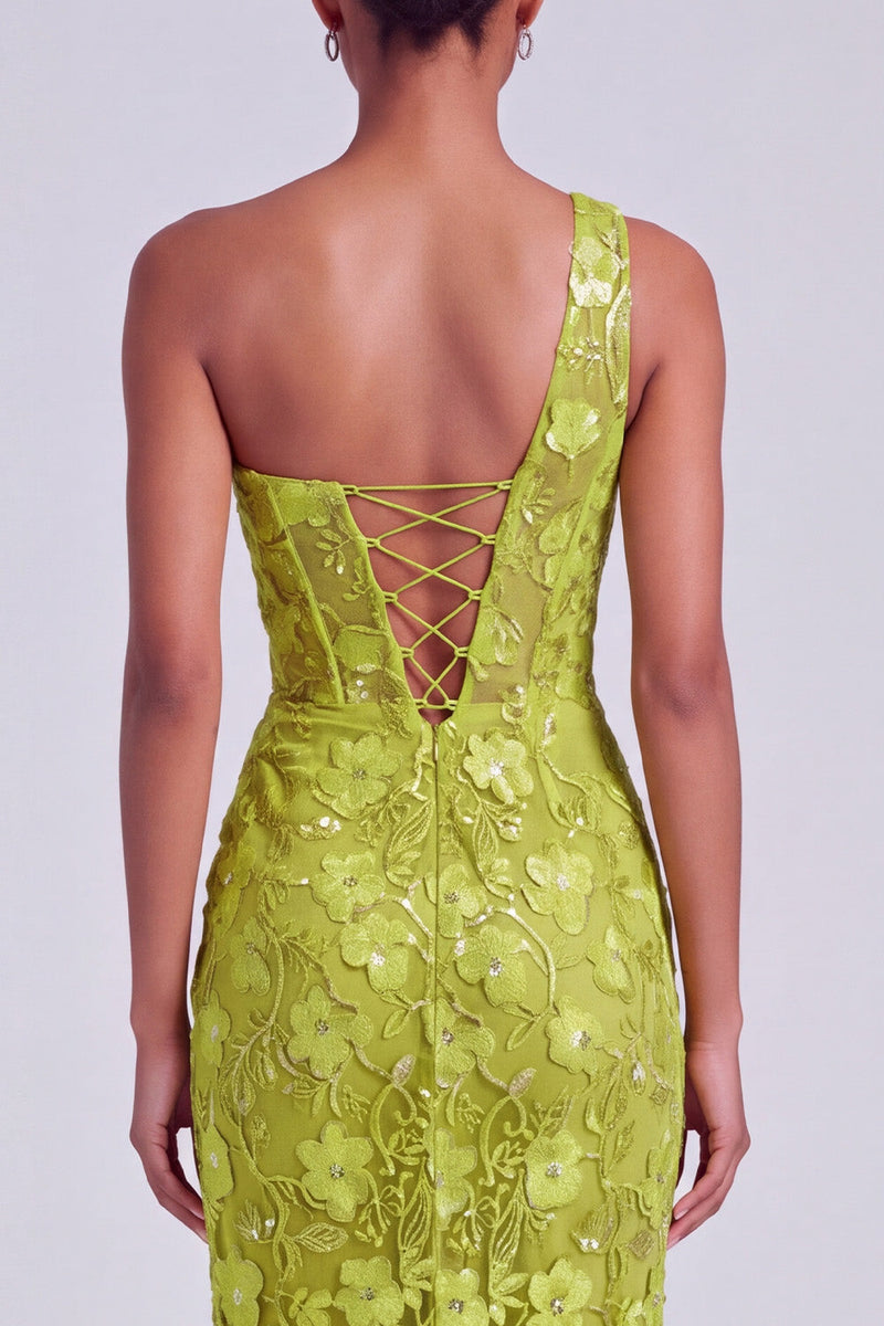 Load image into Gallery viewer, Sparkly Green Floral Sequin Cut Out One Shoulder Long Prom Dress with Slit