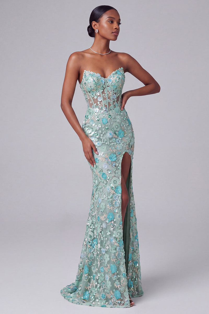 Load image into Gallery viewer, Sparkly Dusty Blue Sequin Mermaid Corset Long Prom Dress with Slit