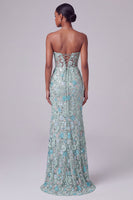 Load image into Gallery viewer, Sparkly Dusty Blue Sequin Mermaid Corset Long Prom Dress with Slit