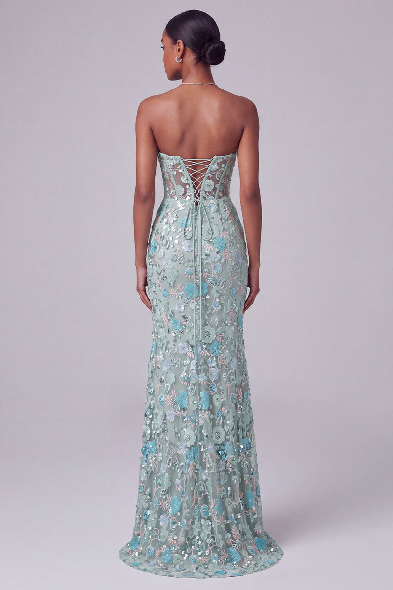 Load image into Gallery viewer, Sparkly Dusty Blue Sequin Mermaid Corset Long Prom Dress with Slit