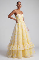 Load image into Gallery viewer, Yellow Corset Ruffled Sweetheart A-Line Long Prom Dress with Dragonfly