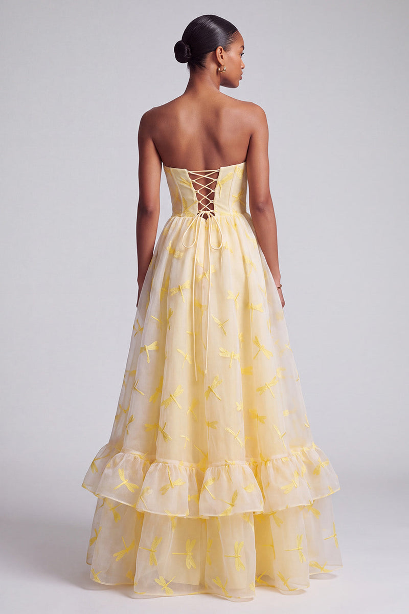 Load image into Gallery viewer, Yellow Corset Ruffled Sweetheart A-Line Long Prom Dress with Dragonfly