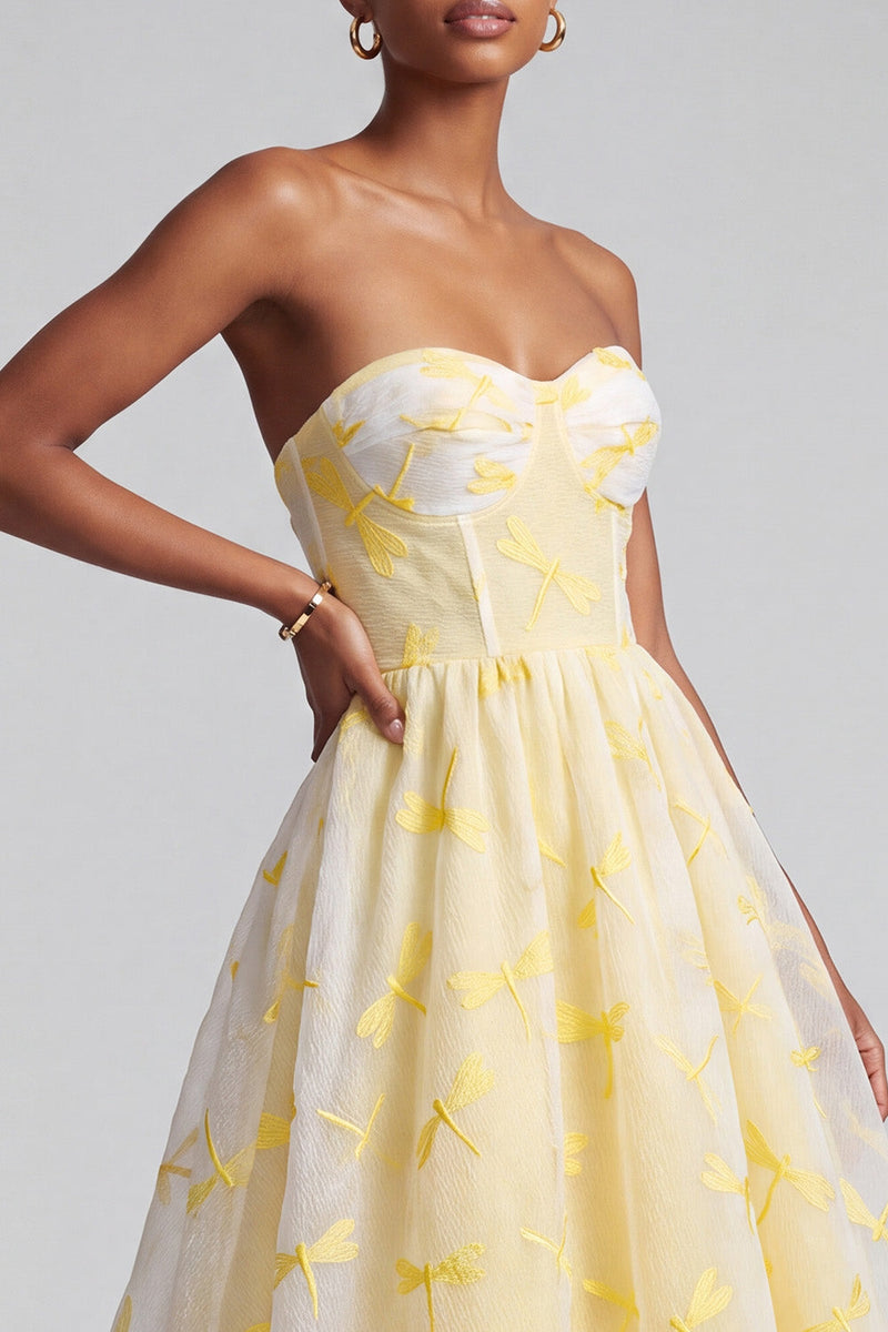 Load image into Gallery viewer, Yellow Corset Ruffled Sweetheart A-Line Long Prom Dress with Dragonfly