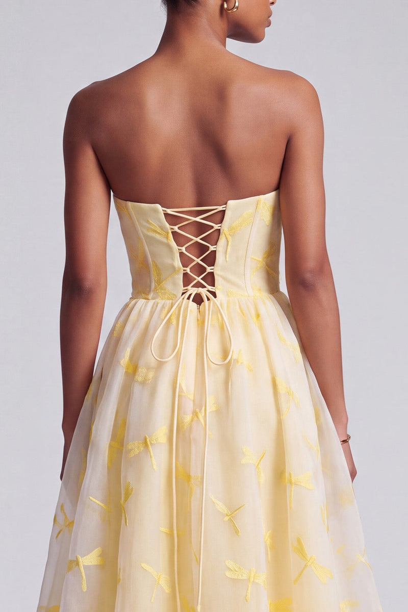 Load image into Gallery viewer, Yellow Corset Ruffled Sweetheart A-Line Long Prom Dress with Dragonfly
