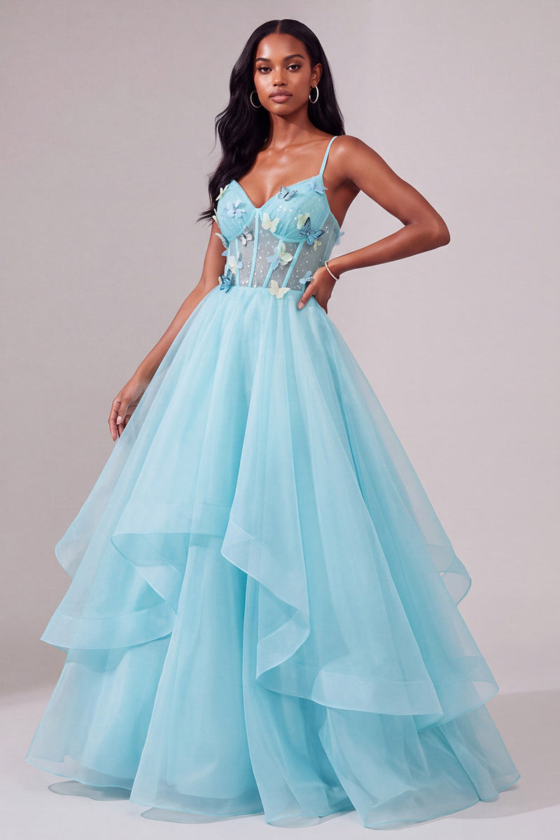 Load image into Gallery viewer, Light Blue Ruffled Ball Gown Corset Long Prom Dress with 3D Butterflies