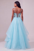 Load image into Gallery viewer, Light Blue Ruffled Ball Gown Corset Long Prom Dress with 3D Butterflies