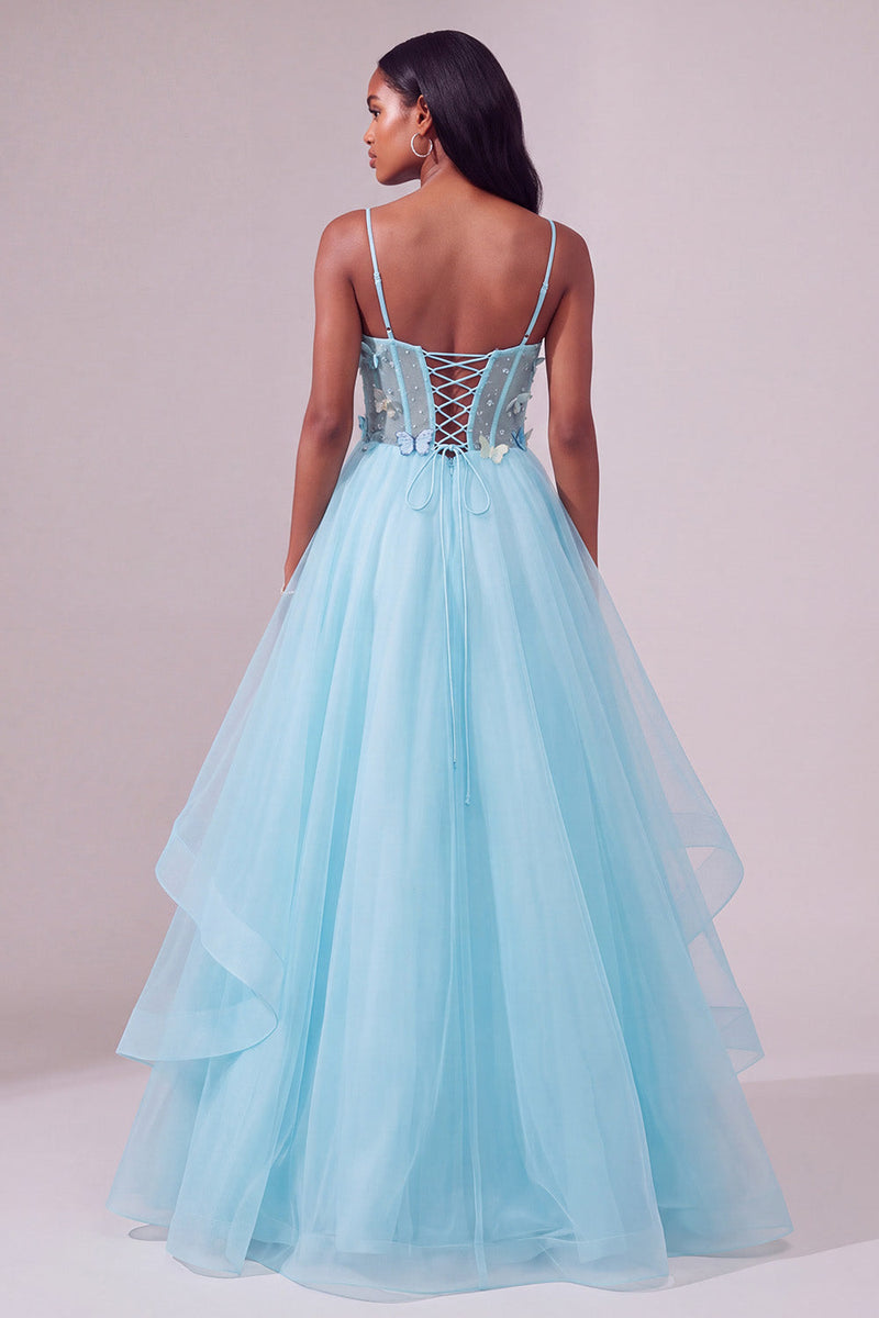 Load image into Gallery viewer, Light Blue Ruffled Ball Gown Corset Long Prom Dress with 3D Butterflies