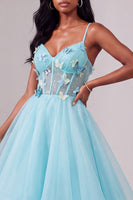 Load image into Gallery viewer, Light Blue Ruffled Ball Gown Corset Long Prom Dress with 3D Butterflies