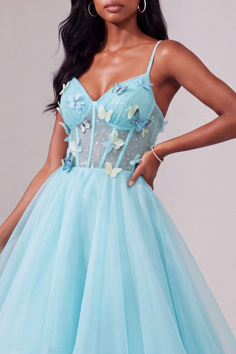 Load image into Gallery viewer, Light Blue Ruffled Ball Gown Corset Long Prom Dress with 3D Butterflies