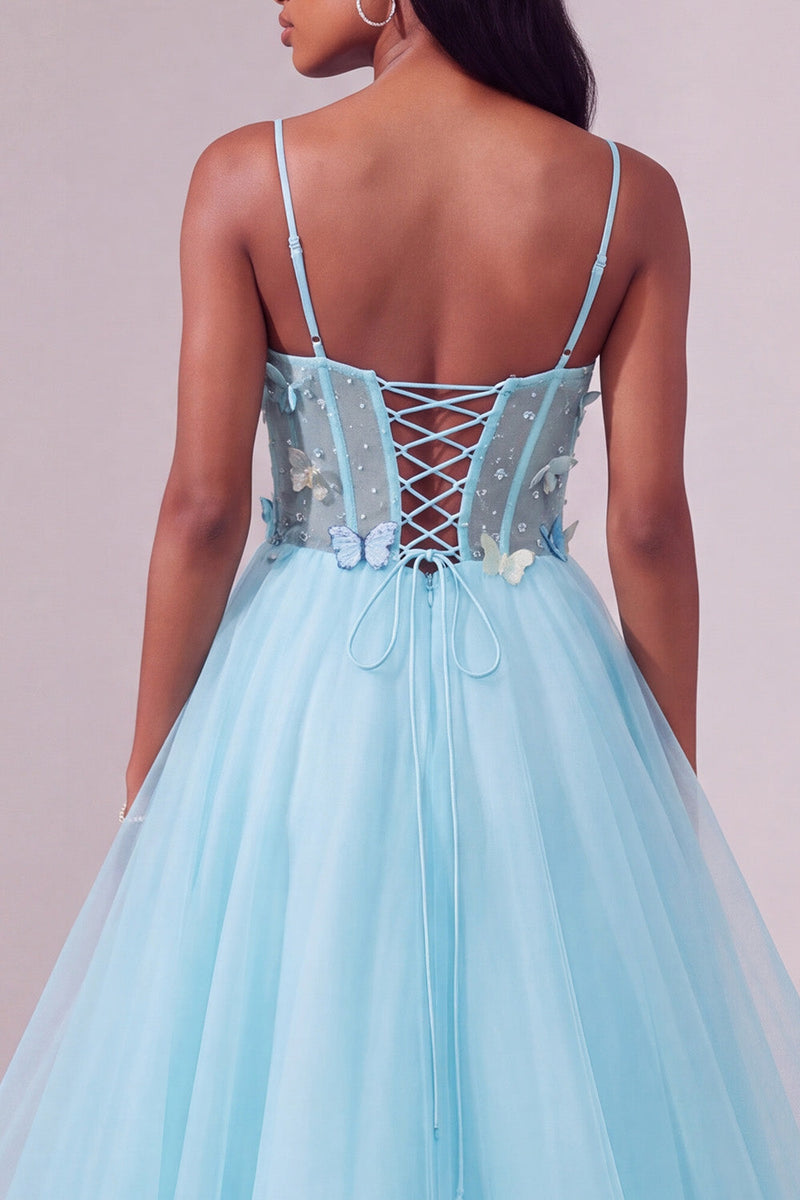 Load image into Gallery viewer, Light Blue Ruffled Ball Gown Corset Long Prom Dress with 3D Butterflies