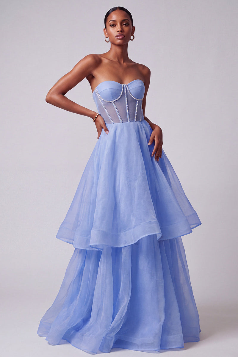 Load image into Gallery viewer, A-Line Strapless Blue Corset Tiered Long Prom Dress with Pearls