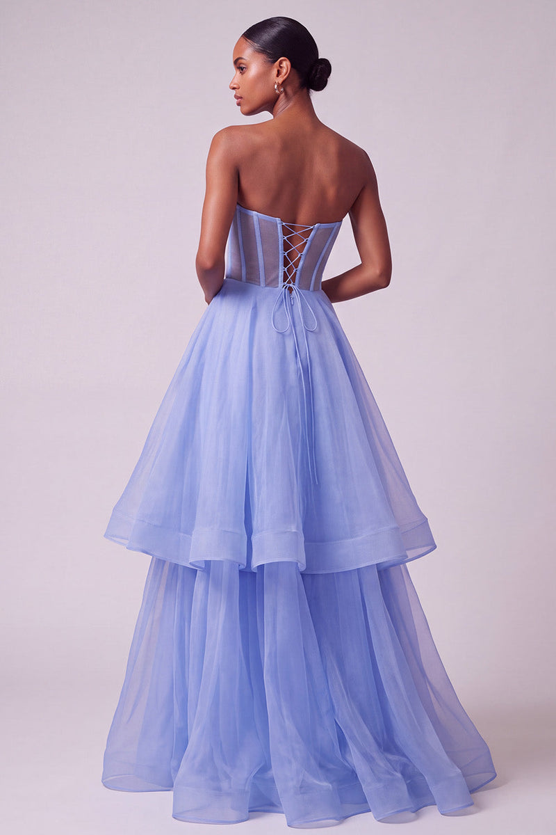 Load image into Gallery viewer, A-Line Strapless Blue Corset Tiered Long Prom Dress with Pearls