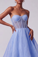 Load image into Gallery viewer, A-Line Strapless Blue Corset Tiered Long Prom Dress with Pearls
