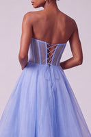 Load image into Gallery viewer, A-Line Strapless Blue Corset Tiered Long Prom Dress with Pearls