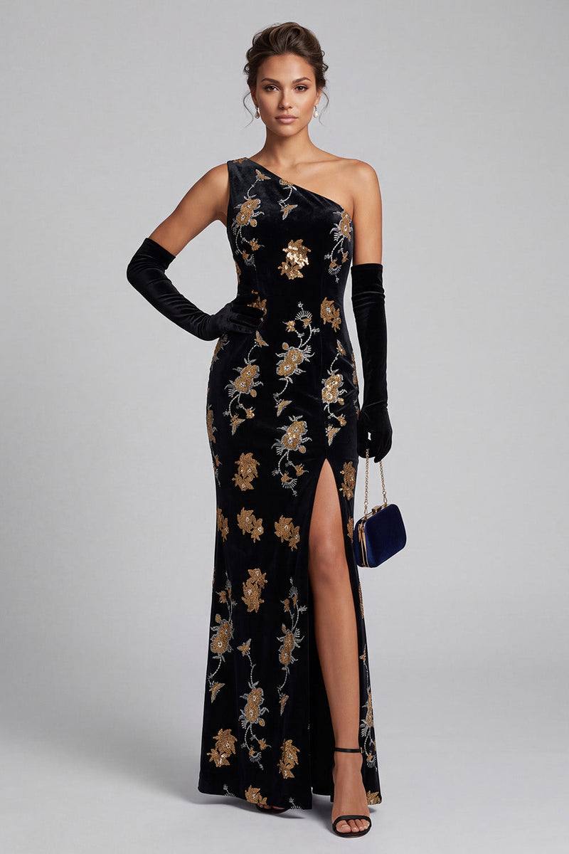 Load image into Gallery viewer, Sparkly Black Mermaid Floral Velvet Sequin Long Evening Dress