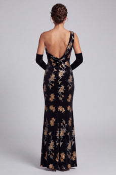 Sparkly Black Mermaid Floral Velvet Sequin Long Evening Dress