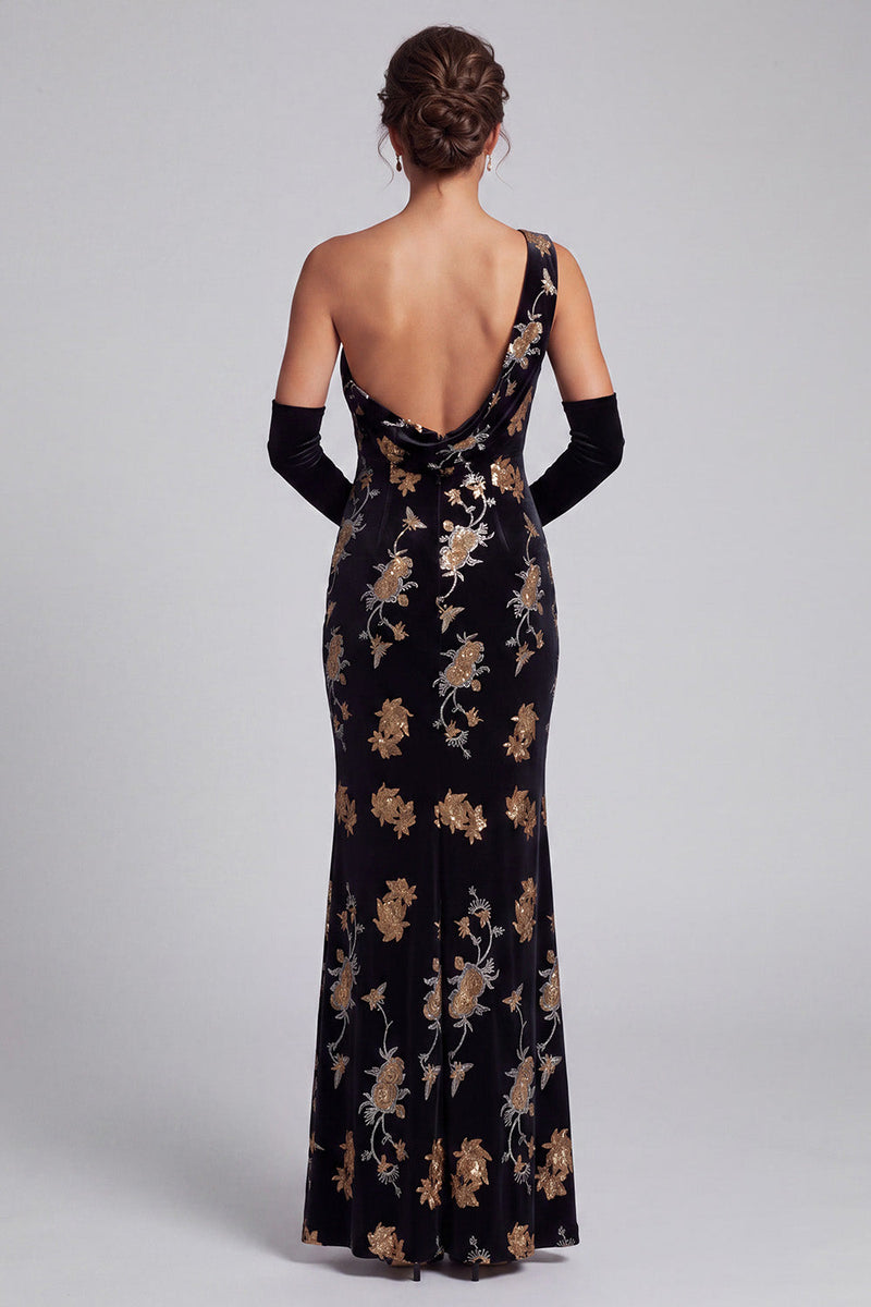 Load image into Gallery viewer, Sparkly Black Mermaid Floral Velvet Sequin Long Evening Dress