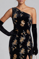 Load image into Gallery viewer, Sparkly Black Mermaid Floral Velvet Sequin Long Evening Dress