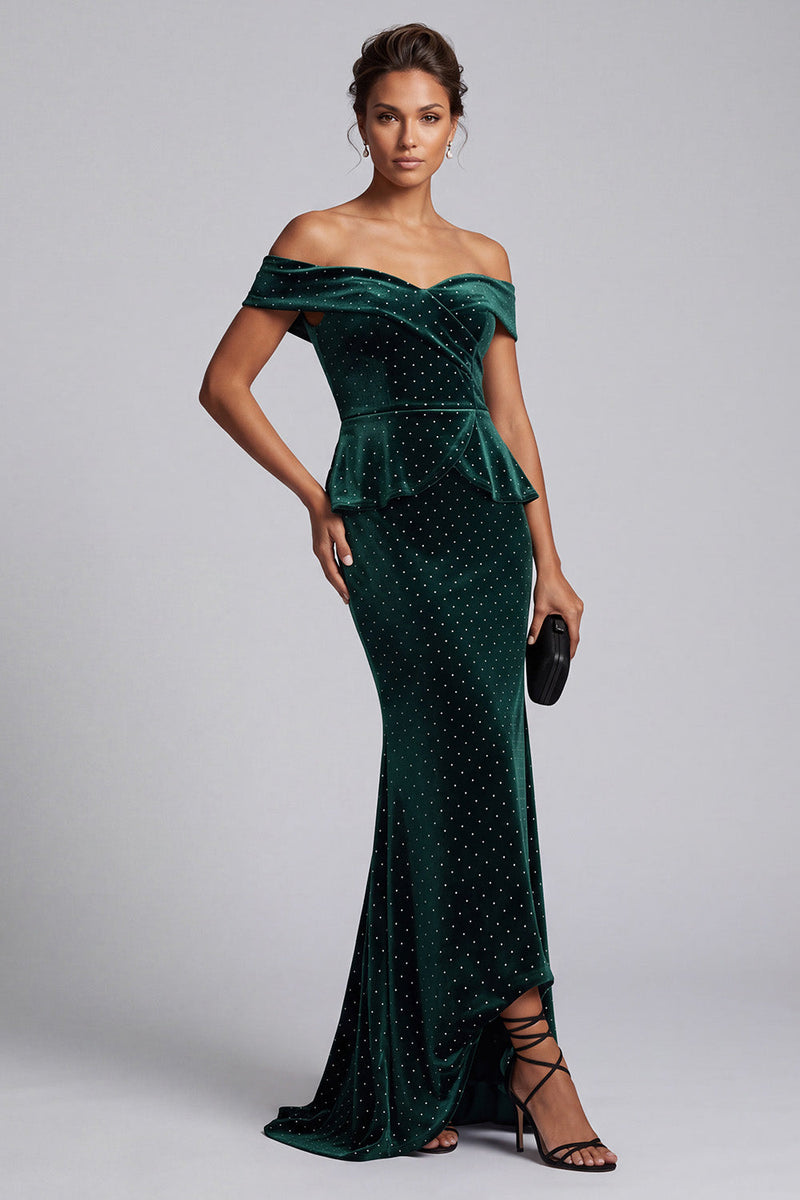 Load image into Gallery viewer, Mermaid Dark Green Velvet Ruffled Long Evening Dress